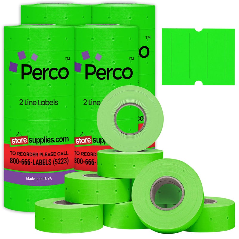 Perco 2 Line Fluorescent Green Labels 32 Rolls 4 Sleeves 24000 Blank Price and Date Gun Labels for Perco 2 Line Price and Date Guns Made in USA