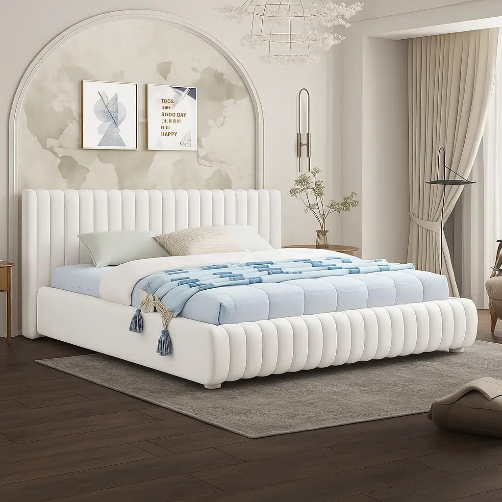 Poppins HOME Luxury Italian Velvet Upholstered Bed Frame with Vertical Channel Headboard - Modern Designer Bed (White, 180x200cm)