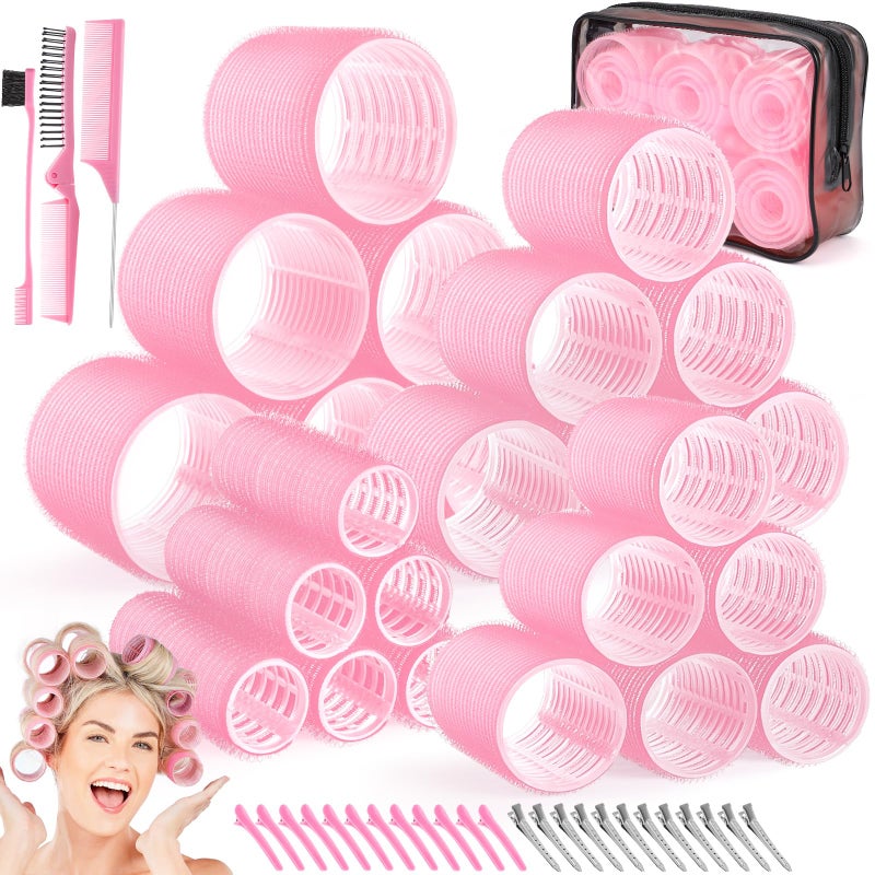 Obeoby 4 Sizes Hair Rollers for Women, Hair Curlers with Clips Comb Curlers for Long Short Curly Hair and Bangs (25, 36, 48, 60mm), Pink Gifts - Image 1