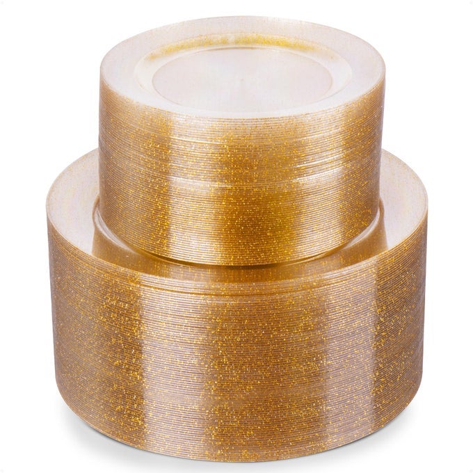 GOLD GLITTER PLASTIC PLATES 200PCS SET 100 DINNER 1025 INCH 100 DESSERT 75 INCH PLATES DISPOSABLE SUITABLE FOR PARTIES WEDDINGS CHRISTMAS