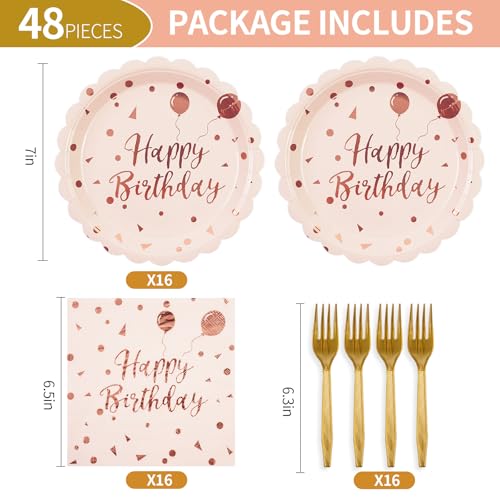 BOKFJBP 48PCS Happy Birthday Plates&Napkins Set-Disposable Pink and Gold Birthday Scalloped Dessert Plates 6.5IN Napkins Gold Forks Party Supplies for Birthday Wedding Valentine Party Decorations Serve16 - Image 2