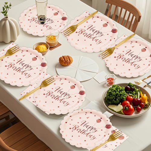 BOKFJBP 48PCS Happy Birthday Plates&Napkins Set-Disposable Pink and Gold Birthday Scalloped Dessert Plates 6.5IN Napkins Gold Forks Party Supplies for Birthday Wedding Valentine Party Decorations Serve16 - Image 4