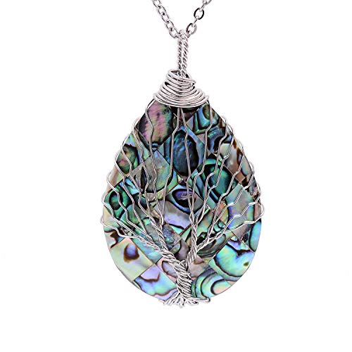 sedmart Wire Wrapped Abalone Teardrop Necklace - Handmade Silver Abalone Shell Water Drop Tree of Life Pendent Jewelry for Women - Image 1