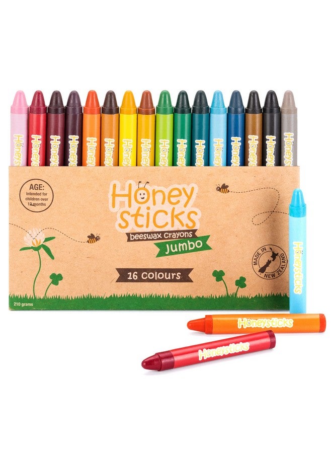 Honeysticks ألوان شمعية عملاقة (16 عبوة) 100% شمع عسل نقي ألوان غير سامة للأطفال ألوان كبيرة، سهلة الحمل والاستخدام، غير قابلة للكسر، صديقة للبيئة، مستلزمات فنون رياض الأطفال، للأطفال 24، 48 - Image 1