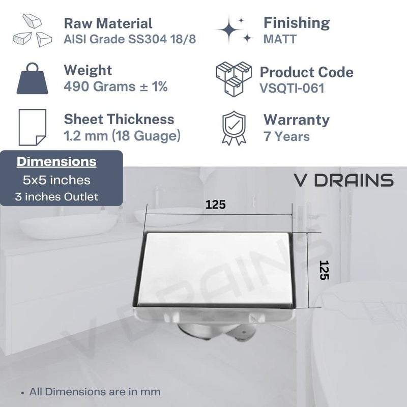 VANRA 5 Inch 125 mm Stainless Steel Silver Square Reverse Plate Stone/Tile/Marble Insert Drain Jali Stainer - Image 2