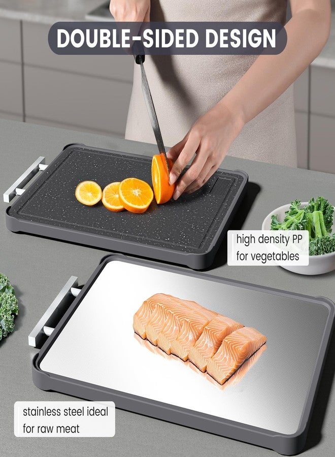 Kikcoin Double Sided Stainless Steel Cutting Boards for Kitchen, Stainless Steel and Wheat Straw PP Large Chopping Board, Black - Image 2