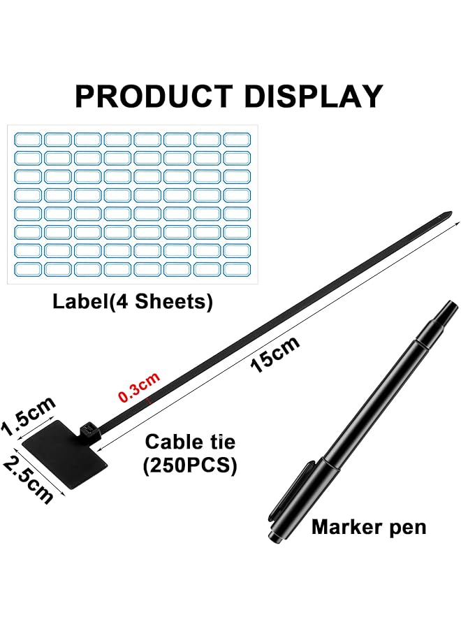 erorex Cable Tie Tags 250Pcs 150Mm Nylon Cable Marker Ties Self Locking Cord Tags With Marker Pen And Self Adhesive Labels Network Wire Straps Cable Zip Ties With Writable Tags For Home Office Use - Image 2