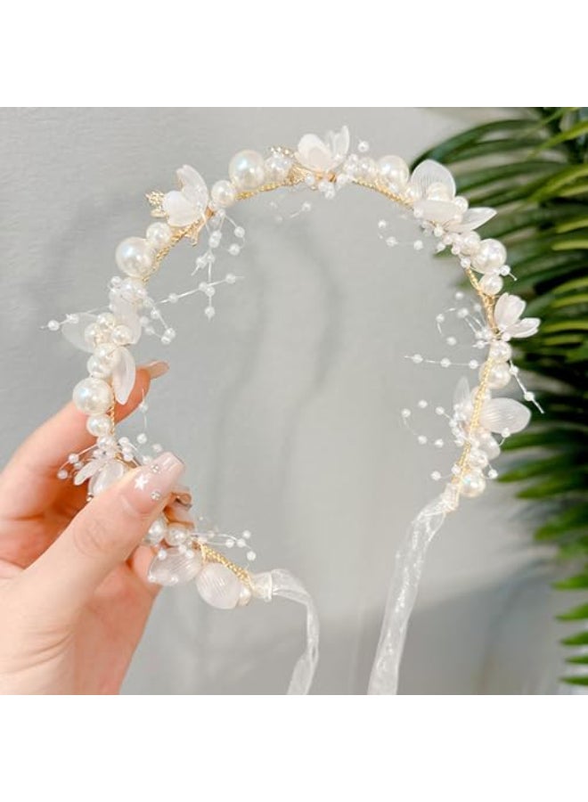 YOUlDIANZI Flower Girl Princess Headpiece Pearl Bridal Hair Accessory for Kids Women Wedding Hair Band Gold - Image 1