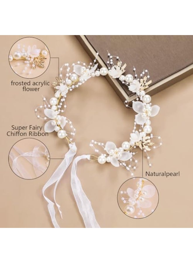 YOUlDIANZI Flower Girl Princess Headpiece Pearl Bridal Hair Accessory for Kids Women Wedding Hair Band Gold - Image 3