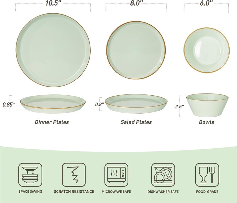 Famiware Saturn Dinnerware Sets Plates and Bowls Sets for 4 12 Pieces Stoneware Dish Set  Chip and Scratch Resistant Microwave and Dishwasher Safe Tableware Set Light Green with Rim - Image 2