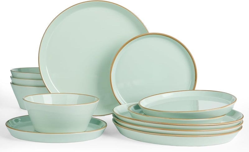 Famiware Saturn Dinnerware Sets Plates and Bowls Sets for 4 12 Pieces Stoneware Dish Set  Chip and Scratch Resistant Microwave and Dishwasher Safe Tableware Set Light Green with Rim - Image 1
