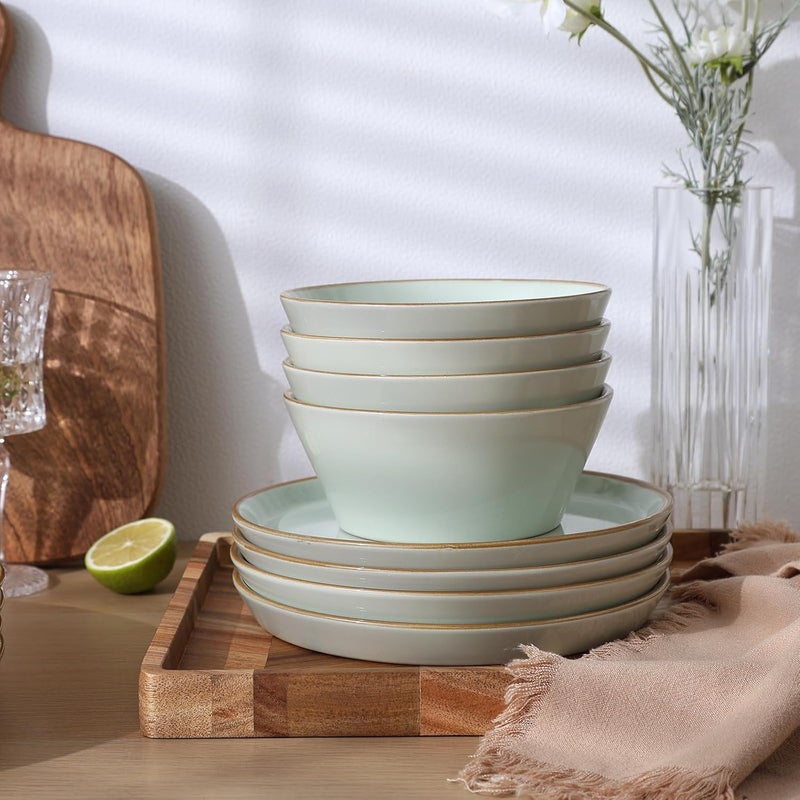 Famiware Saturn Dinnerware Sets Plates and Bowls Sets for 4 12 Pieces Stoneware Dish Set  Chip and Scratch Resistant Microwave and Dishwasher Safe Tableware Set Light Green with Rim - Image 5
