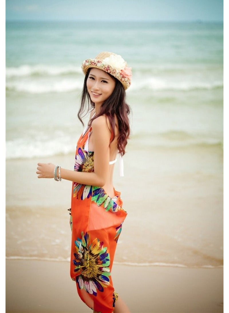 Loquat Women Summer Floral Chiffon Bikini Cover Up Beach Dress Swimwear Wrap Orange - Image 3