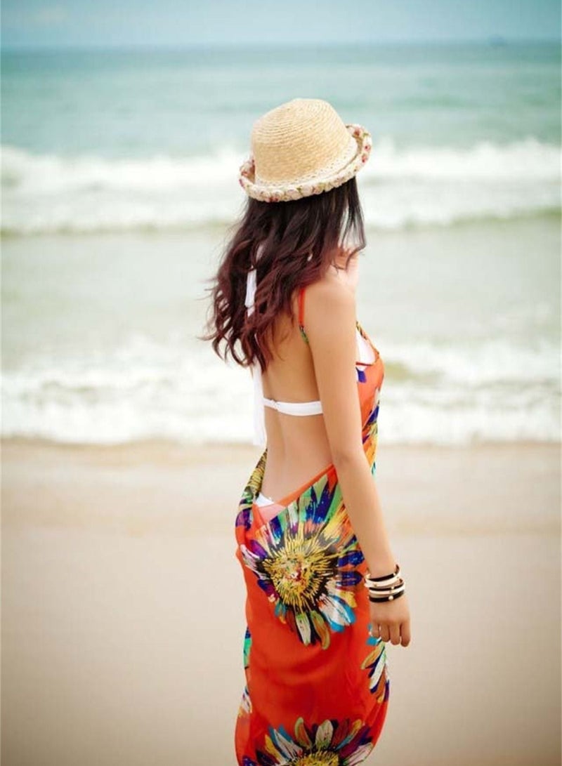 Loquat Women Summer Floral Chiffon Bikini Cover Up Beach Dress Swimwear Wrap Orange - Image 2