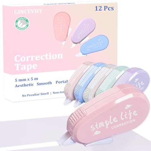 GINCEVHY 12 Pack Aesthetic Pastel Correction Tape, 0.2 x 197 inch, Instant Corrections, Easy to Use Applicator, White Smooth Pull Out Correction Tape for School, Office, Crafting - Image 1