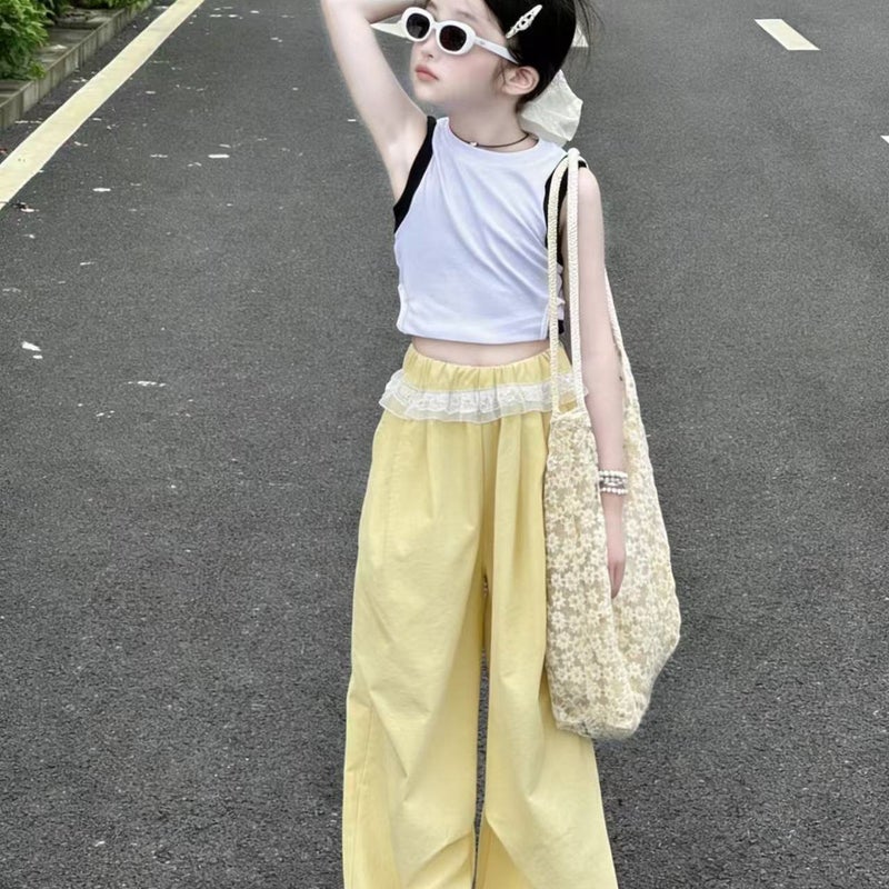Girls'' Summer Thin Quick-Dry Wide-Leg Cargo Pants, Fashionable Versatile Casual Long Pants in Sky Blue, Pink, Yellow, and Solid Colors - Image 5