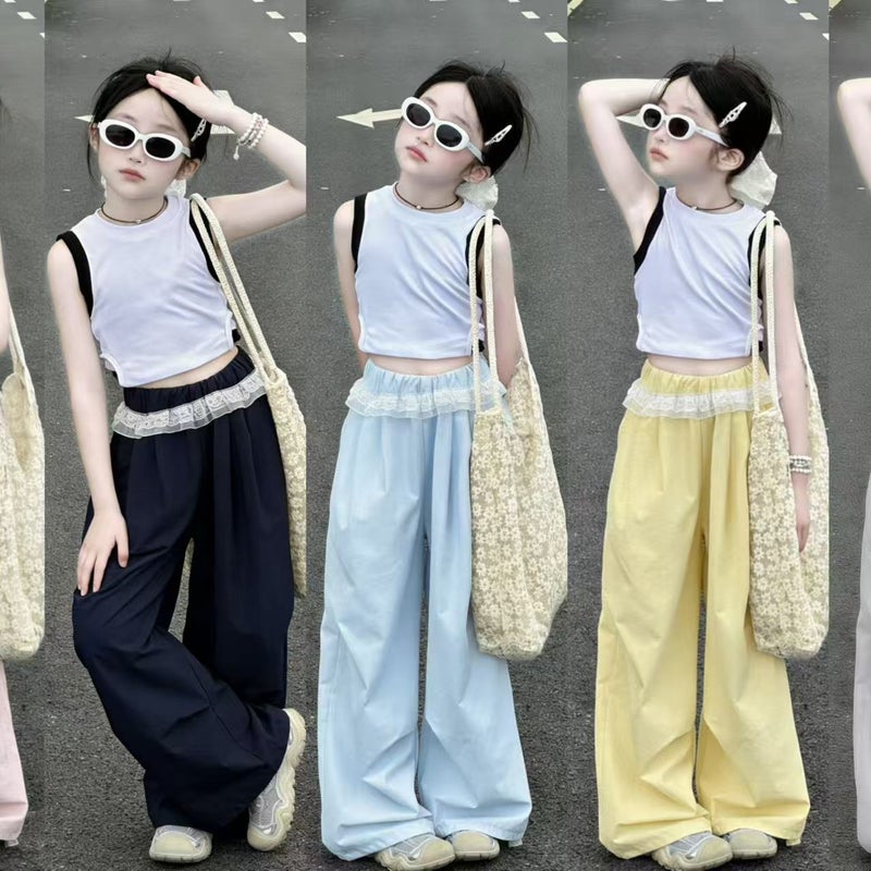 Girls'' Summer Thin Quick-Dry Wide-Leg Cargo Pants, Fashionable Versatile Casual Long Pants in Sky Blue, Pink, Yellow, and Solid Colors - Image 2