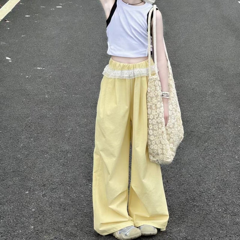Girls'' Summer Thin Quick-Dry Wide-Leg Cargo Pants, Fashionable Versatile Casual Long Pants in Sky Blue, Pink, Yellow, and Solid Colors - Image 1