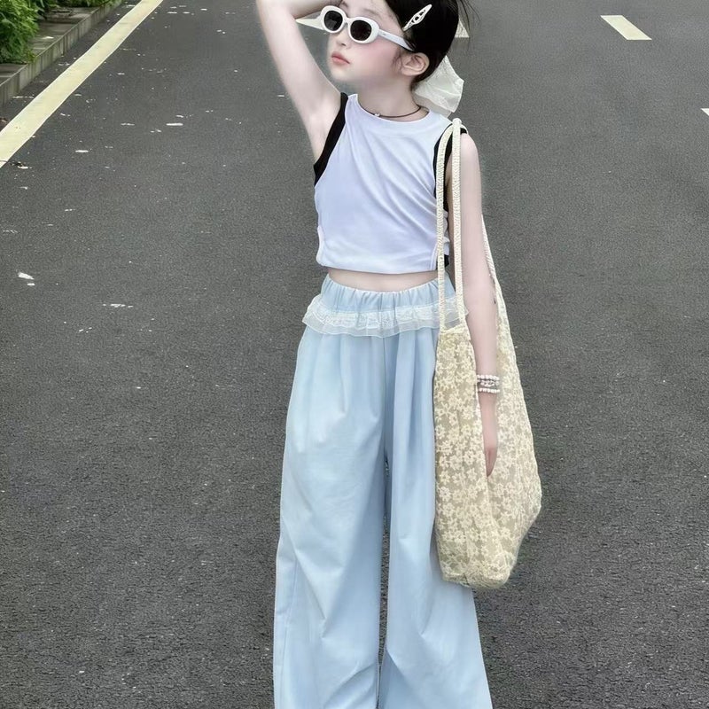 Girls'' Summer Thin Quick-Dry Wide-Leg Cargo Pants, Fashionable Versatile Casual Long Pants in Sky Blue, Pink, Yellow, and Solid Colors - Image 3