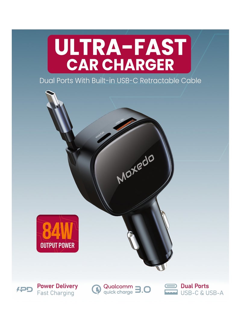 Moxedo Car Charger 84W Output Power QC 3.0 PPS USB-C & USB-A with Built-in Retractable USB-C Cable Compatible with Android iOS and other Devices - pzsku/Z93B7AA95F8E5BD070172Z/45/_/1736260403/9ce67498-0e6f-4ecf-a44c-4c1000ff17ef