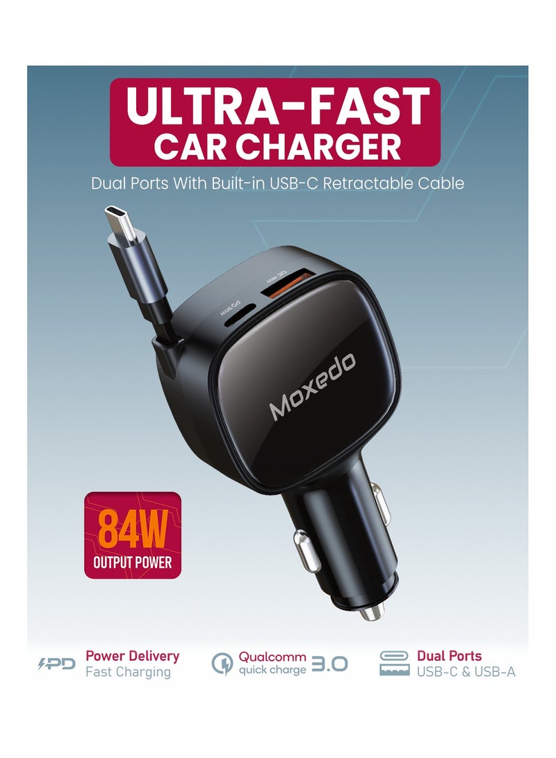 Moxedo Car Charger 84W Output Power QC 3.0 PPS USB-C & USB-A with Built-in Retractable USB-C Cable Compatible with Android iOS and other Devices - Image 3