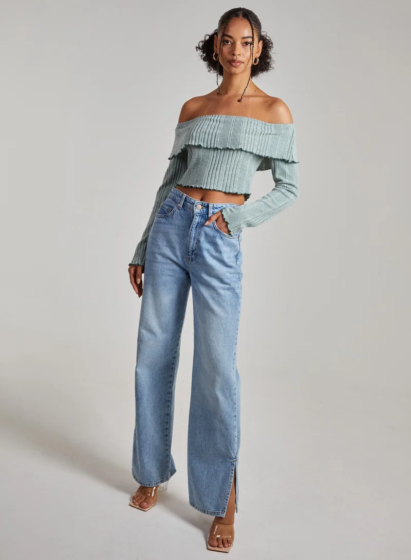 Pink Vanilla Wide Brushed Ribbed Bardot Top