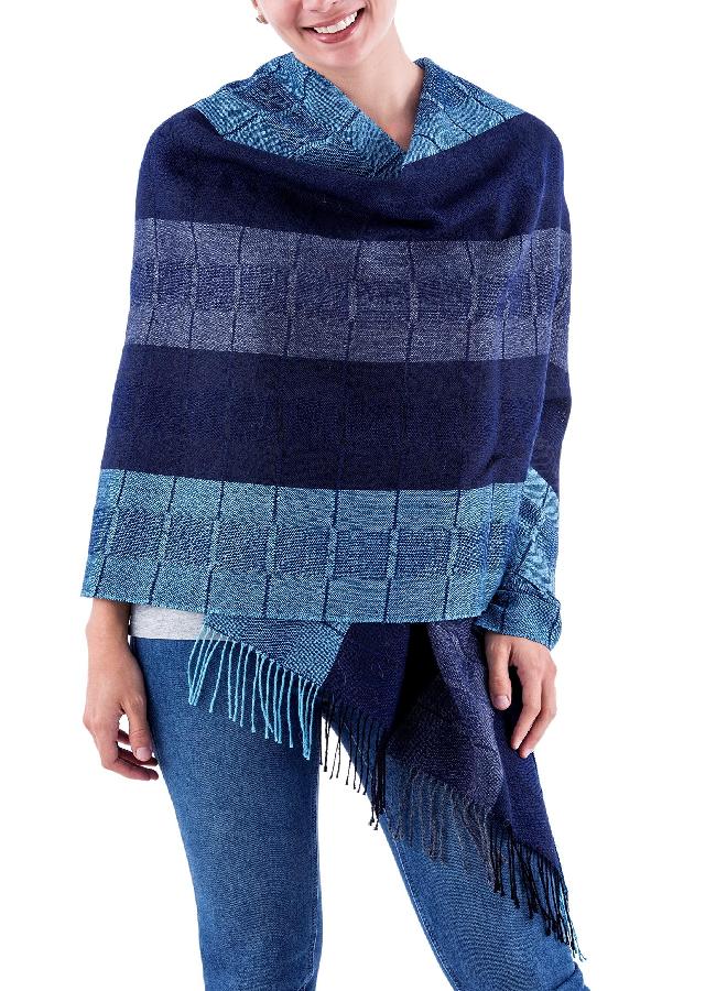 NOVICA NOVICA Blue 100% Peruvian Alpaca Wool Shawl, Huancayo Blues'  - Image 3