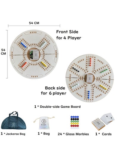 JACKAROOJOKER Jackaroo Joker Double Sided Foldable Wooden Board Game For 4 And 6 Players With Bag, Glass Marbles And Playing Cards (White)