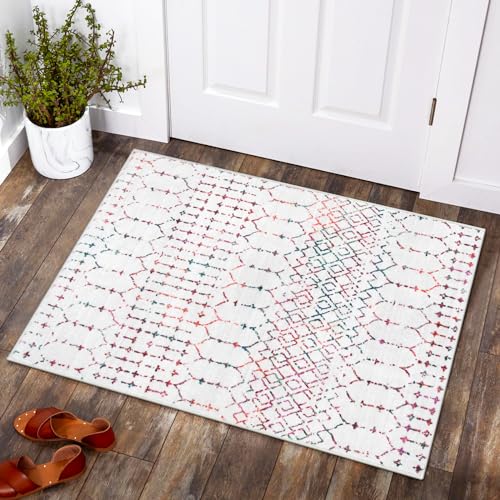 La Home Lahome Moroccan Indoor Door Mats for Entryway 2x3 Area Rug NonSlip Backing Washable Rug for Kitchen Low Pile Throw Soft Bath Rug Colorful Print Distressed Front Door Rugs for Entrance Bedside Hana - Image 1