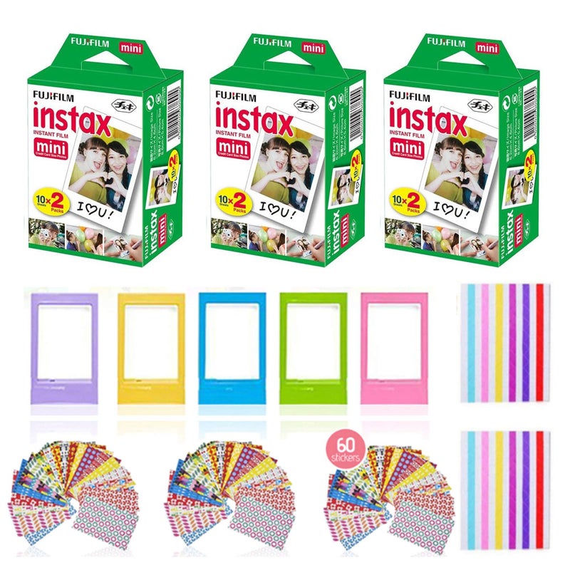 Fujifilm Instax Mini Instant Film (3 Pack, 60 Sheets) 5 Plastic Desk Frames, 60 Sticker Frames, 10 Hanging Creative Frames, 1 Pack Corner Stickers. - Image 1