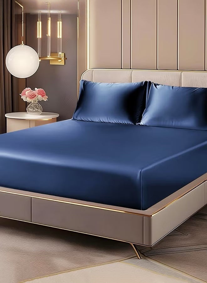 Satin مجهزة ورقة و غطاء وسادة مجموعة,3PCs فاخرة ناعمة مشابهة للحرير أسفل ورقة السرير مع أحزمة الزاوية المرنة,جيب عميق تصل إلى 28 سم,1 ورقة مجهزة و غطاء وسادة 2,الملك,البحرية198*203 - Image 1
