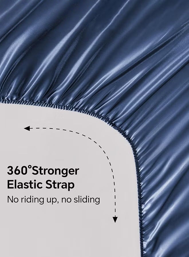 Satin مجهزة ورقة و غطاء وسادة مجموعة,3PCs فاخرة ناعمة مشابهة للحرير أسفل ورقة السرير مع أحزمة الزاوية المرنة,جيب عميق تصل إلى 28 سم,1 ورقة مجهزة و غطاء وسادة 2,الملك,البحرية198*203 - Image 4