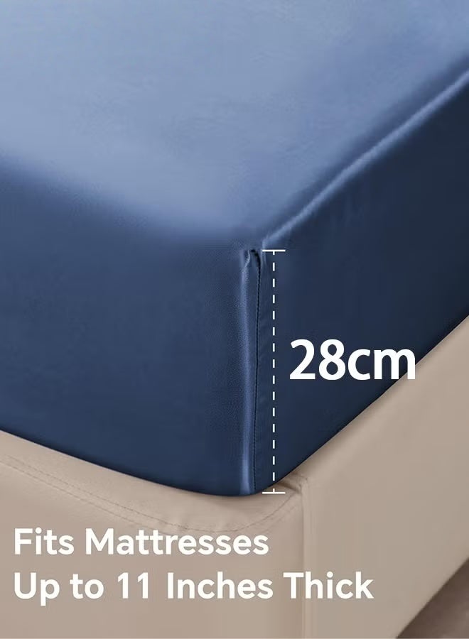 Satin مجهزة ورقة و غطاء وسادة مجموعة,3PCs فاخرة ناعمة مشابهة للحرير أسفل ورقة السرير مع أحزمة الزاوية المرنة,جيب عميق تصل إلى 28 سم,1 ورقة مجهزة و غطاء وسادة 2,الملك,البحرية198*203 - Image 5