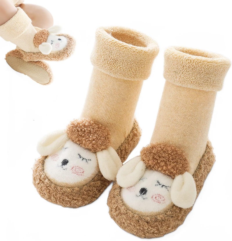 klarako Baby Cartoon Plush Cotton Toddler Shoes,Boy Girls Toddlers Thickened Animal Non-Skid Indoor Slipper Winter Warm Shoes Socks (Beige,12cm-for 6-12Months) - Image 1