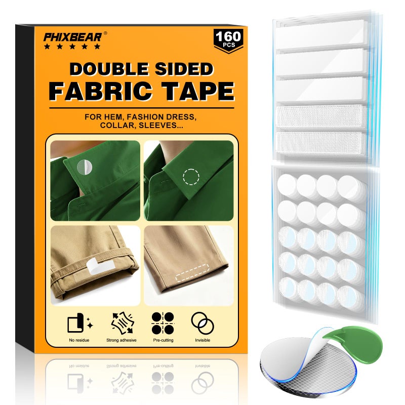 PHIXBEAR Double Sided Fabric Tape, 160Pcs Pre-Cutting Hem Tape No Sew No Iron, Fabric Adhesive for Fashion Dress, Cloth, Curtains, High Adhesive Sticky but Removable and Residue Free - Image 1
