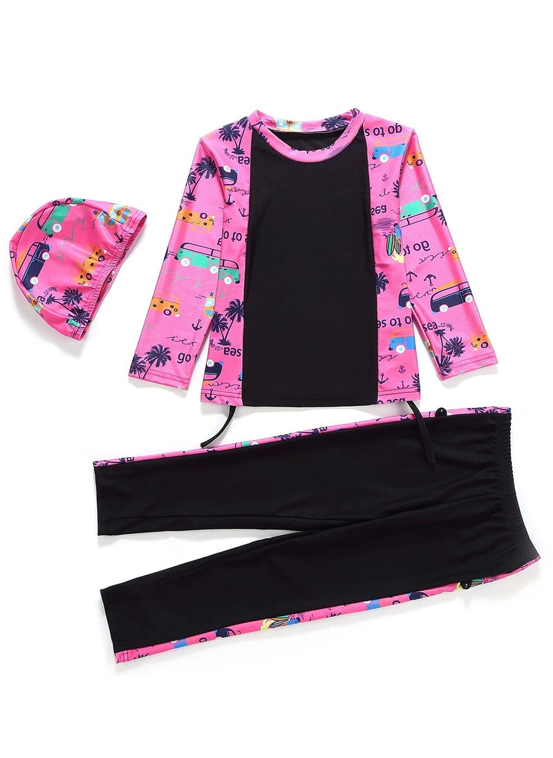 Loquat - 3-Piece Girls Fast Dry Swimwear Burkinis Round Neck Flower Split Swimsuit Swimwear With Cap Set Black - Image 1