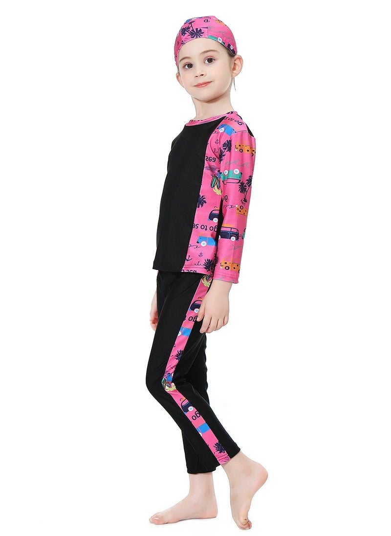 Loquat - 3-Piece Girls Fast Dry Swimwear Burkinis Round Neck Flower Split Swimsuit Swimwear With Cap Set Black - Image 1