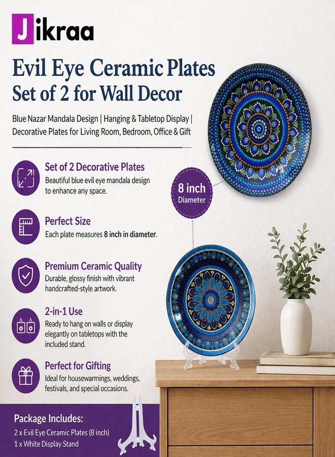 JIKRAA® Evil Eye Ceramic Decorative Wall Plate | 2-in-1 Evil Eye Protection Prosperity Wall Hanging & Tabletop Showpiece with Stand | Blue Nazar Home Decor for Living Room & Office | Set of 2 Plates of 8 Inch | Ideal Gift for Housewarming & Festive Decor - Image 4