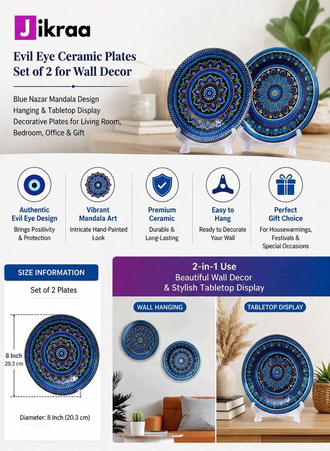 JIKRAA® Evil Eye Ceramic Decorative Wall Plate | 2-in-1 Evil Eye Protection Prosperity Wall Hanging & Tabletop Showpiece with Stand | Blue Nazar Home Decor for Living Room & Office | Set of 2 Plates of 8 Inch | Ideal Gift for Housewarming & Festive Decor - Image 5