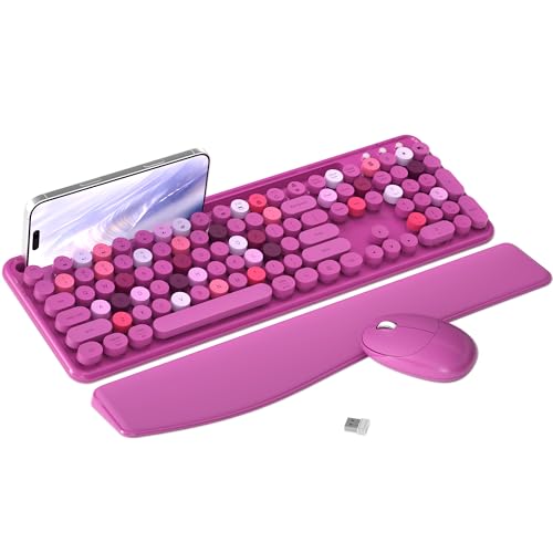 MPTOG Colorful Wireless Computer Keyboard and Mouse Combo with Phone Holder, Wrist Rest, Typewriter Keys, 2.4GHz Wireless, Full-Sized Optical Mouse for PC and Laptop (Rose-Red) - Image 1