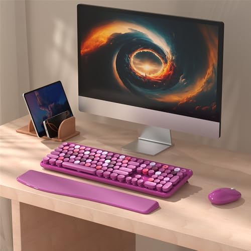 MPTOG Colorful Wireless Computer Keyboard and Mouse Combo with Phone Holder, Wrist Rest, Typewriter Keys, 2.4GHz Wireless, Full-Sized Optical Mouse for PC and Laptop (Rose-Red) - Image 2