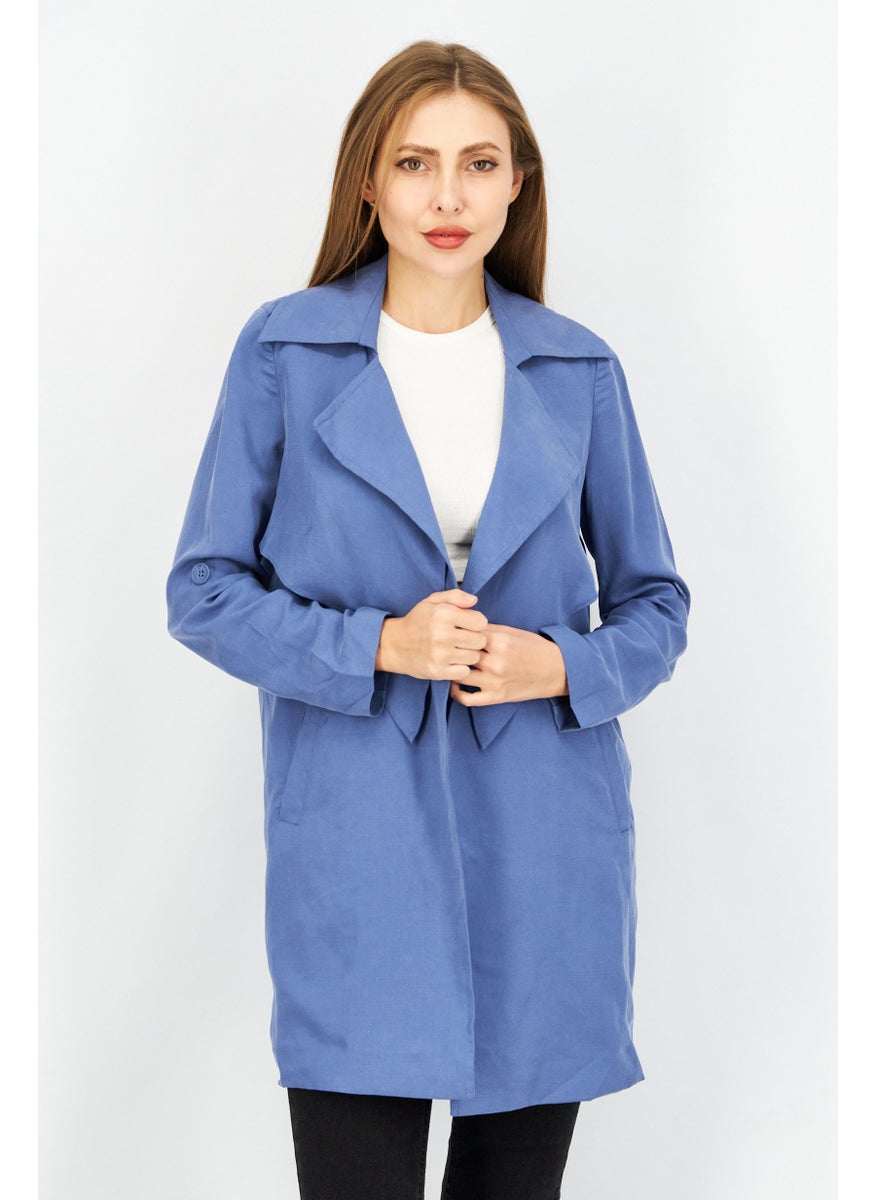 Women Plain Split Neck Long Sleeves Trench Coat, Blue - pzsku/Z93B83B125A6C0F57ED41Z/45/_/1727882793/113802b1-1261-43c5-aeeb-2836aaa1a5d3