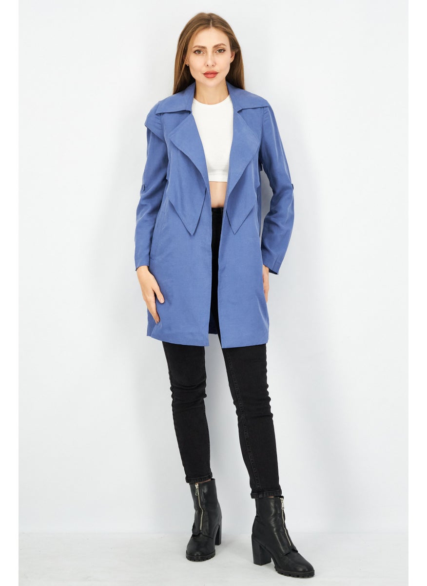 Women Plain Split Neck Long Sleeves Trench Coat, Blue - pzsku/Z93B83B125A6C0F57ED41Z/45/_/1727882888/de756f74-b913-43d5-b58b-c95de05ac4d1