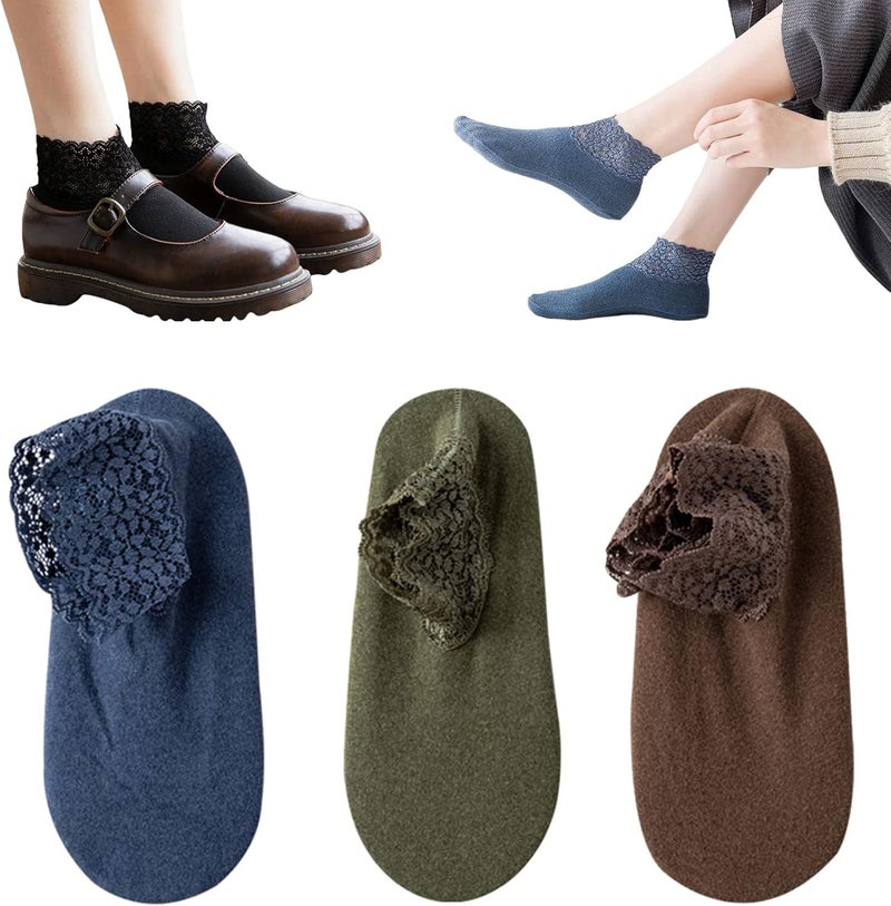 2022 Lace Warmer Socks - Non Slip Lace Cotton Ankle Socks - Women Lace Frilly Socks - Breathable Warm 3pairs-i - Image 1
