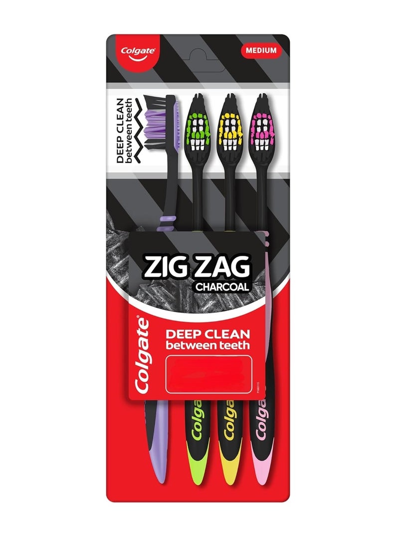 كولجيت فرشاة أسنان كولجيت زيجزاج اليدوية متوسطة الشعيرات بالفحم للبالغين - 4 قطع، تزيل الجراثيم بين الأسنان، منظف ناعم للسان - Image 1
