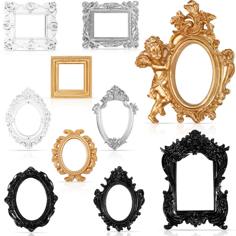 Yulejo 10 Pcs Vintage Resin Picture Frame Mini Antique Photo Frame Gold Vintage Collage Hanging Frames for DIY Jewelry Display Wall Hotel Home Decor Without Glass or Backing Retro Colors