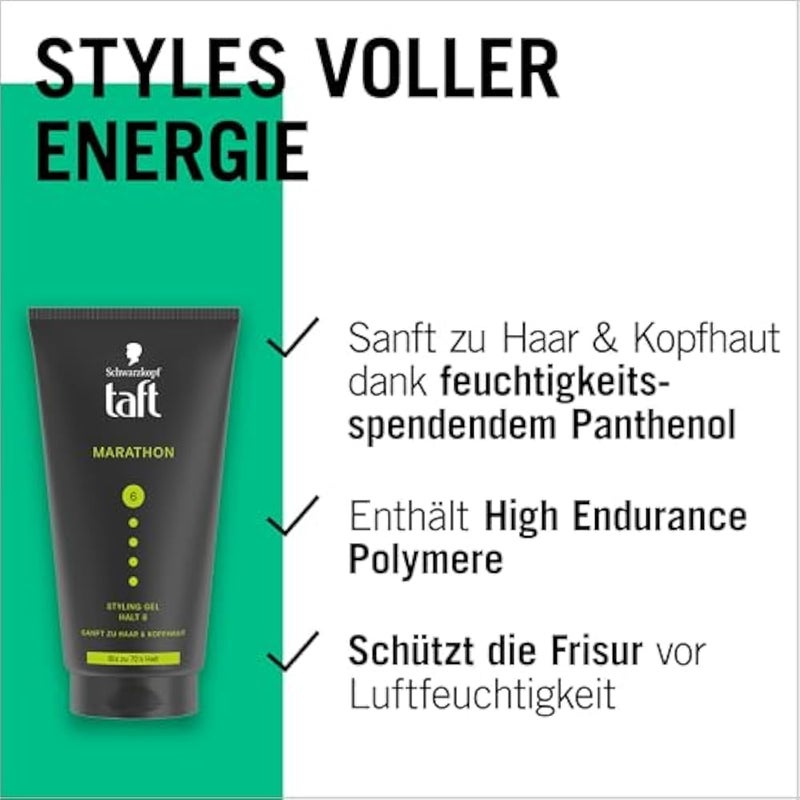 taft Schwarzkopf TAFT Marathon Styling Gel (150 ml), Up to 72 Hours Long-Lasting Hold for Energized Hairstyles, Gentle on Hair and Scalp, Vegan, Hair Styling Gel - Image 4