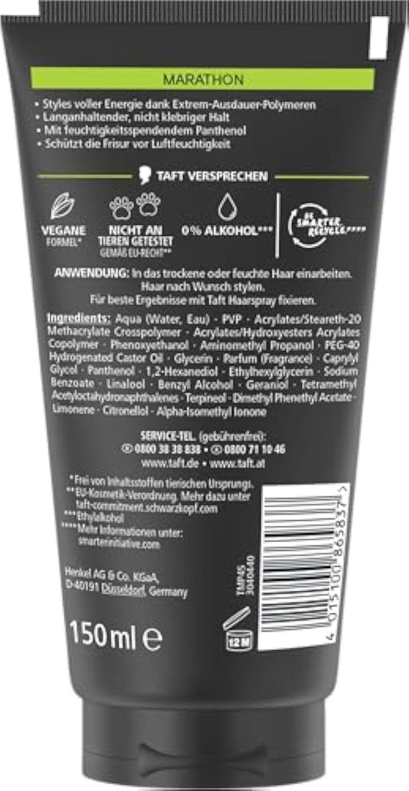 taft Schwarzkopf TAFT Marathon Styling Gel (150 ml), Up to 72 Hours Long-Lasting Hold for Energized Hairstyles, Gentle on Hair and Scalp, Vegan, Hair Styling Gel - Image 3