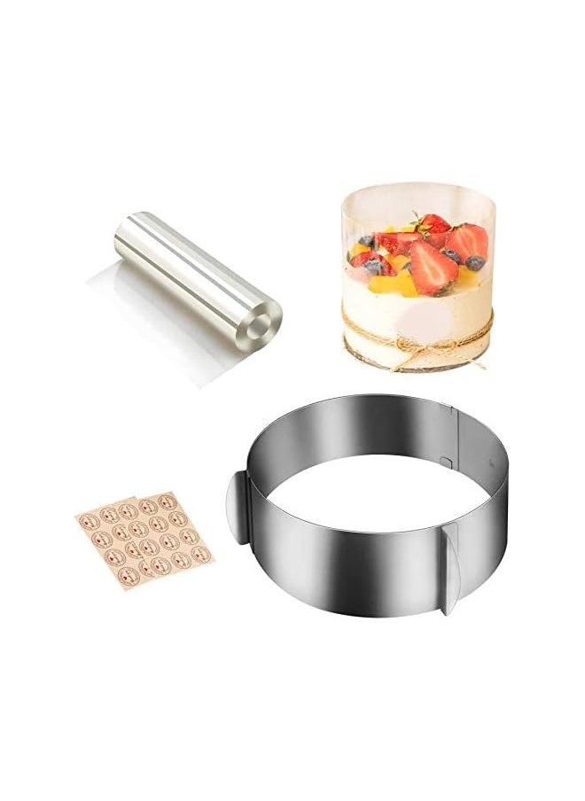 Coolchic 4PCS Cake Baking Tools Set Cake Mould Ring Stainless Steel Adjustable 6.5-12 Inch Mousse Cake Baking with Cake Collars Clear Cake Strips Cake Rolls Mousse Cake Acetate Sheet Delicate Stickers  - Image 1