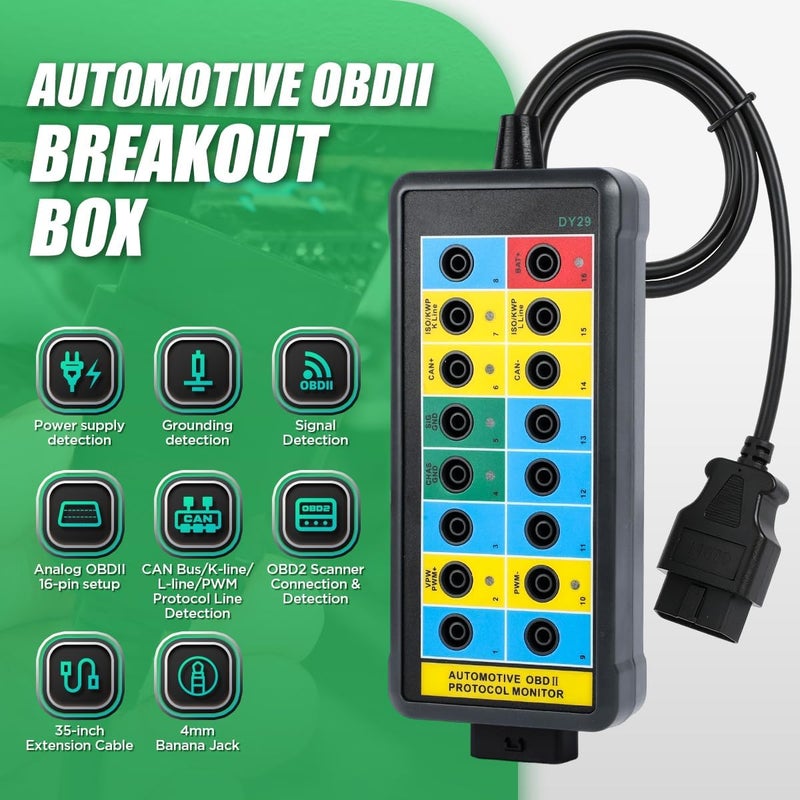 KAISAL صندوق توزيع OBD2 قوي - كاشف بروتوكول OBDII - كشف الاتصال/الطاقة/الأرضي - صندوق توزيع ذو 16 سنًا CAN للسيارات مع موصل ماسح OBD2، مقابس موز 4 مم، كابل بطول 35 بوصة - Image 2